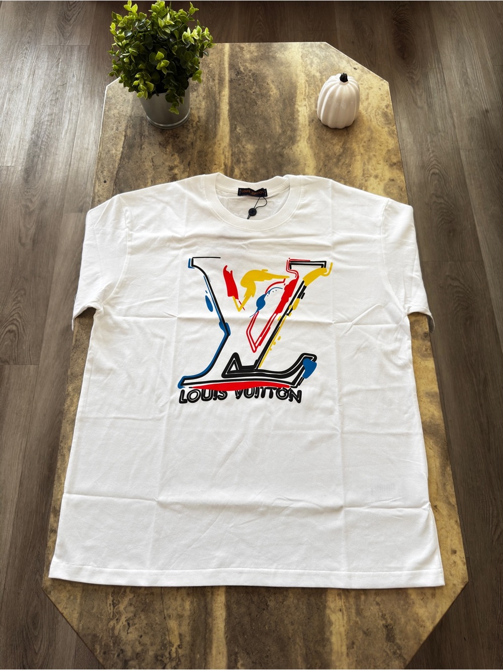 Louis Vuitton White Crewneck T-Shirt with Multicolor LV Graphic